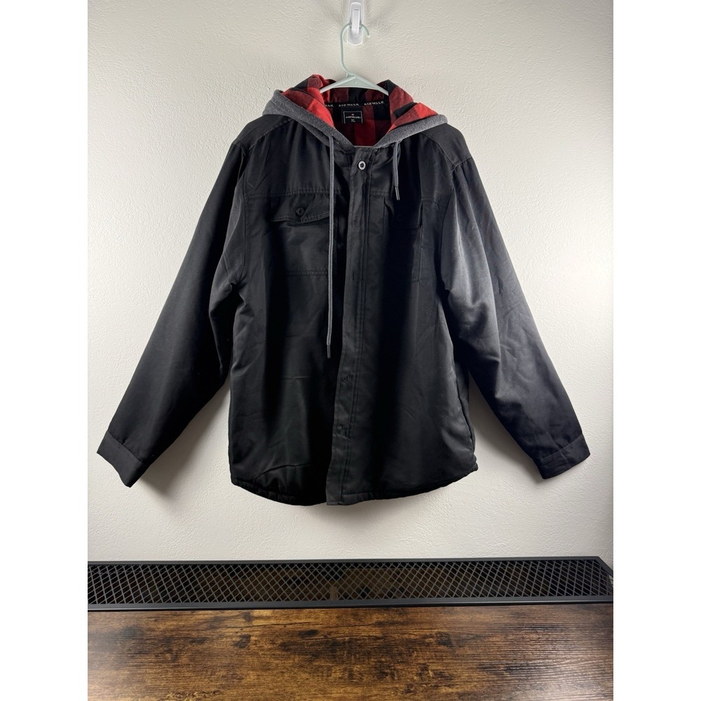 Airwalk‎ XL Black Hooded Jacket Red Plaid Lined Coat Button Zip Mens